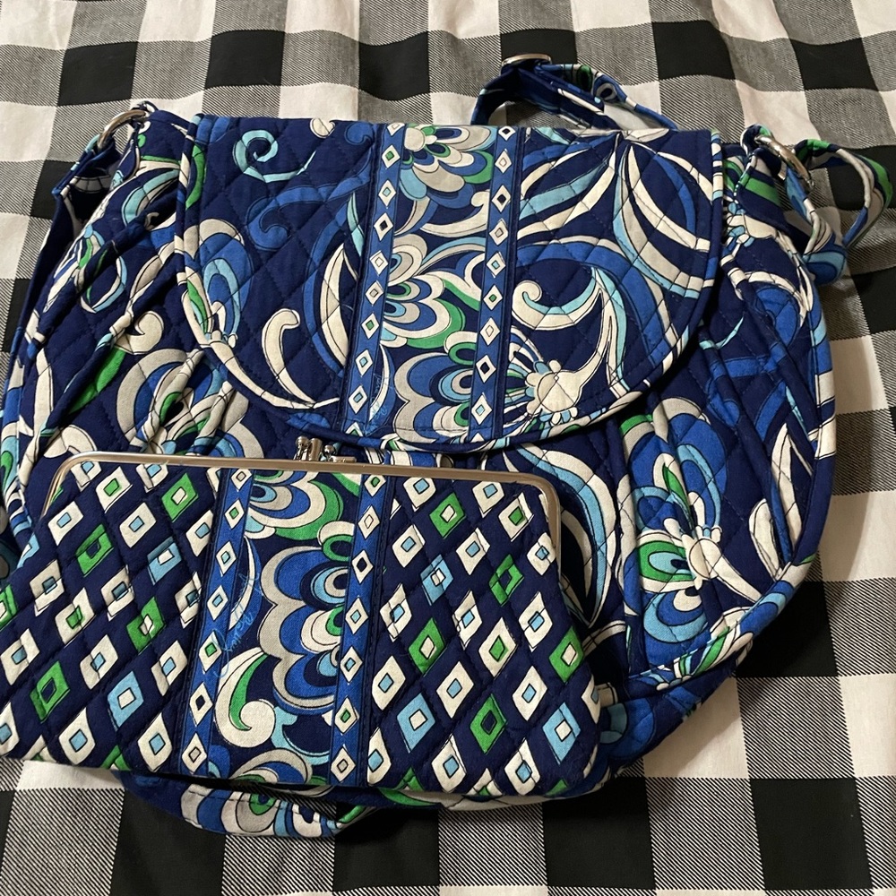 Vera Bradley Saddle Up Mediterranean Blue Bag and matching kiss lock wallet